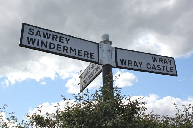 Sign to towns in the lovely Lake District