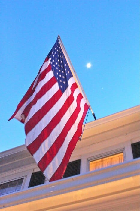 Decorated in red, white, and blue