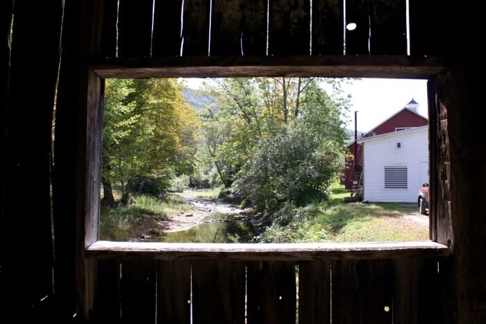 from inside a covered bridge